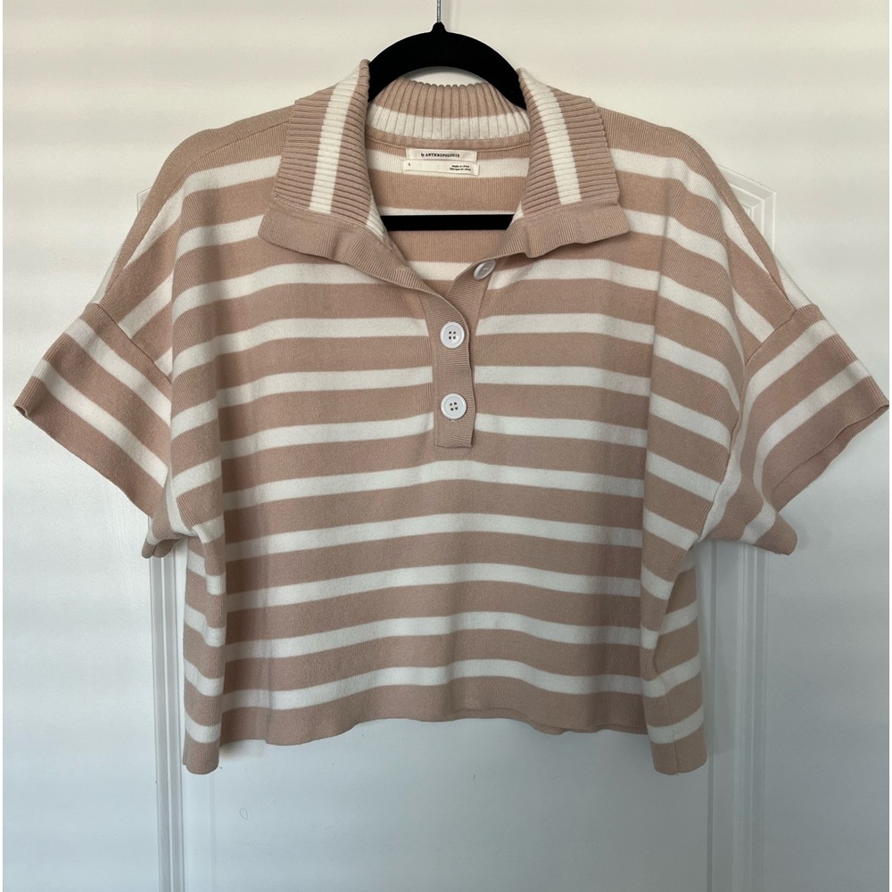 Anthropologie Beige and White Striped Short-Sleeve Polo Sweater - Picture 2 of 5